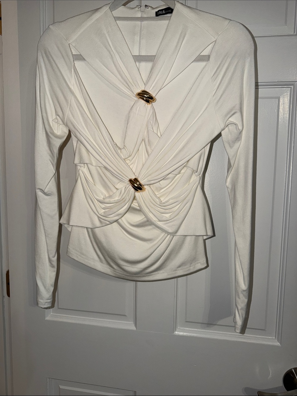 Nina Ricci Cream Draped Twist-Front Long Sleeve Top with Gold Hardware
